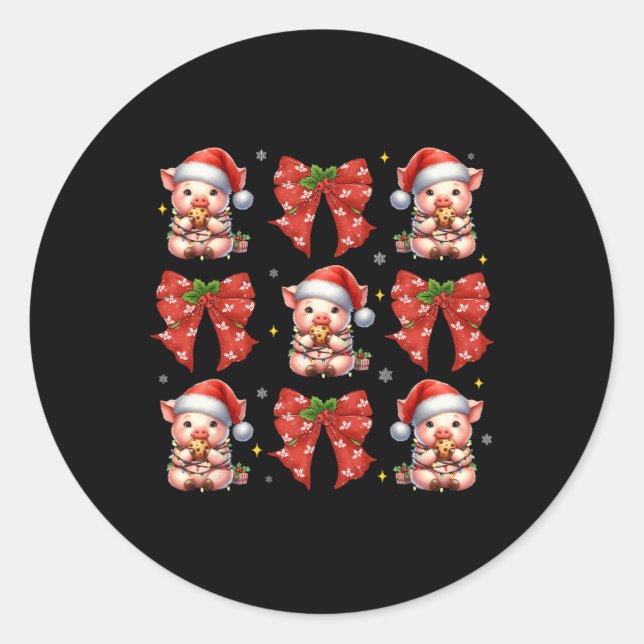 Pig Santa Christmas Coquette Bow Farm Animal Pig F Classic Round Sticker (Front)