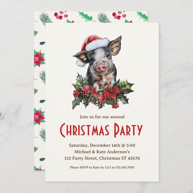 Pig Santa Hat Piglet Farm Animal Christmas Party  Invitation (Front/Back)