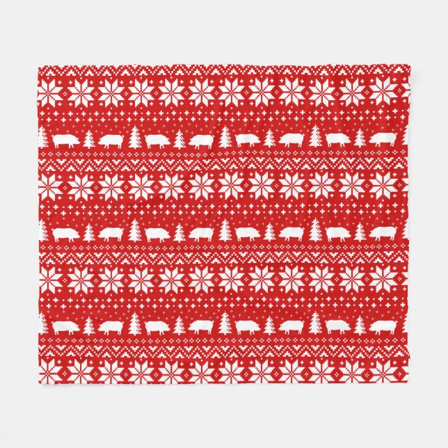 Pig Silhouettes Christmas Holiday Pattern Festive Fleece Blanket (Front (Horizontal))