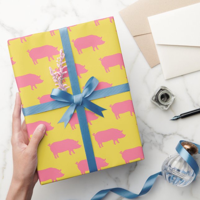 Pig Silhouettes Pattern Pink and Yellow Wrapping Paper (Gifting)