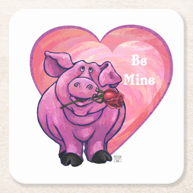 Pig Valentine's Day Square Paper Coaster (Front)