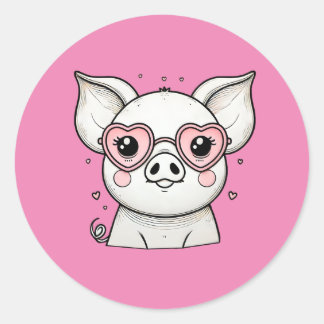 Pig Wearing Heart Shaped Sunglasses Classic Round Sticker