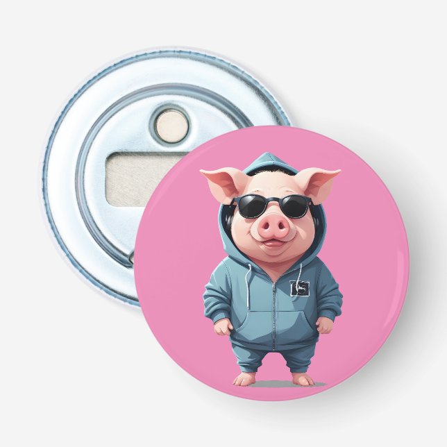 Pig Wearing Hoodie Funny Cool Animal Character Art Bottle Opener (Front)