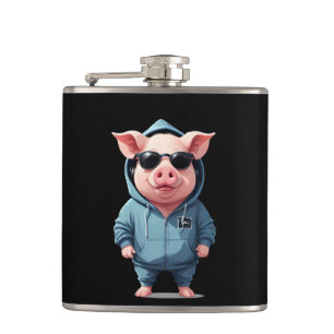 Pig Wearing Hoodie Funny Cool Animal Character Hip Flask