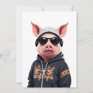 Pig Wearing Hoodie Funny Cool Animal Character Invitation