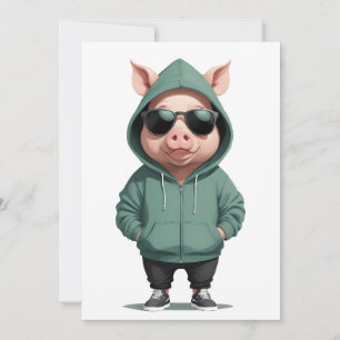 Pig Wearing Hoodie Funny Cool Animal Character  Invitation