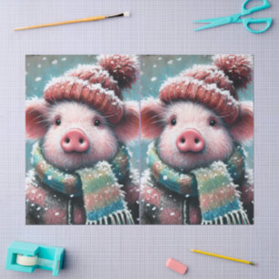 Pig Winter Hat Scarf Chalk-Pastel Decoupage Tissue Paper