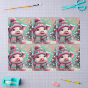 Pig Winter Hat Scarf Chalk-Pastel Decoupage Tissue Paper
