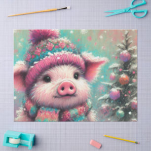 Pig Winter Hat Scarf Chalk-Pastel Decoupage Tissue Paper
