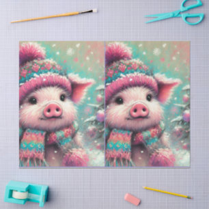 Pig Winter Hat Scarf Chalk-Pastel Decoupage Tissue Paper