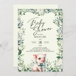 Pig with Bow Greenery Baby Shower Invitation