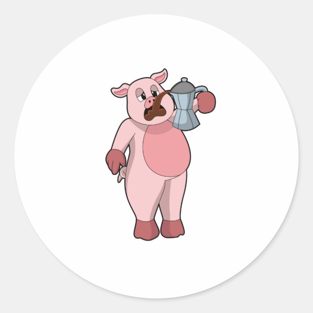 Pig with Coffee pot Classic Round Sticker (Front)