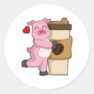 Pig with Coffee to go Classic Round Sticker