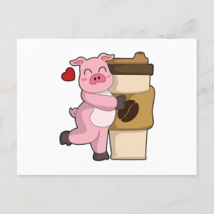 Pig with Coffee to go Postcard