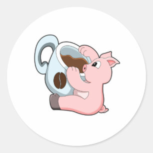 Pig with Cup of Coffee Classic Round Sticker