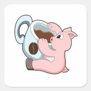 Pig with Cup of Coffee Square Sticker