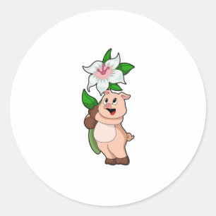 Pig with Flower Lily Classic Round Sticker