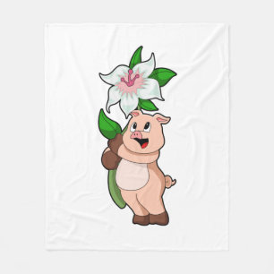 Pig with Flower Lily Fleece Blanket