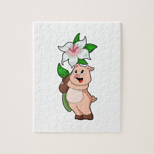 Pig with Flower Lily Jigsaw Puzzle (Vertical)