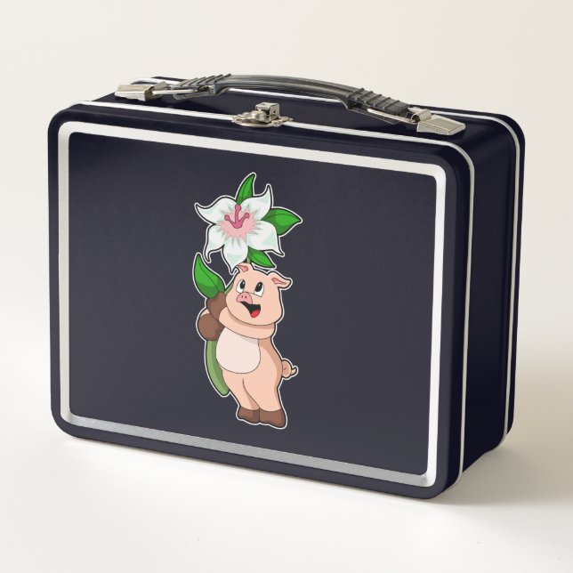 Pig with Flower Lily Metal Lunch Box (Front)