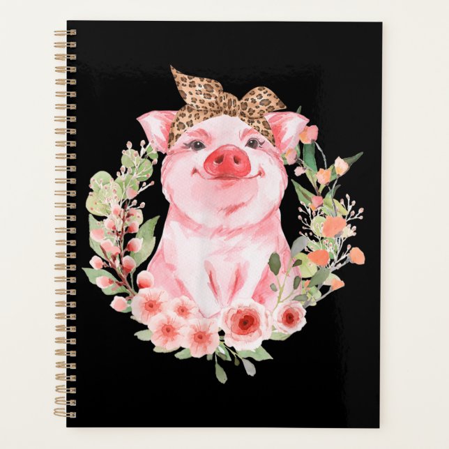 Pig With Leopard Headband Flower Cute Pig Planner (Front)