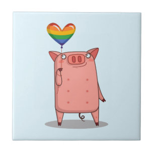 Pig With Rainbow Balloon Ceramic Tile