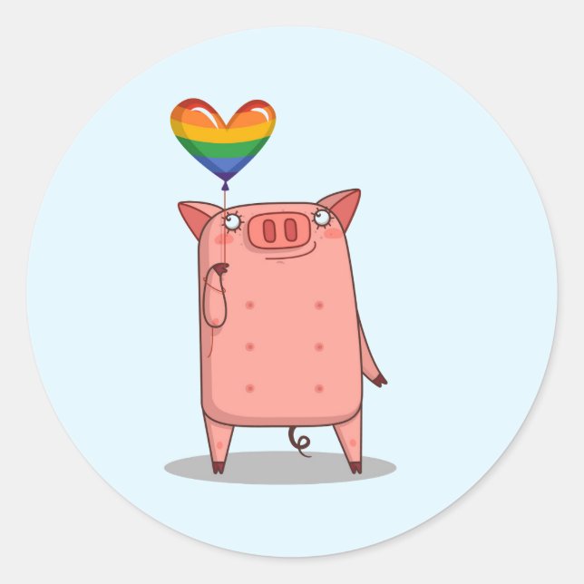Pig With Rainbow Balloon Classic Round Sticker (Front)