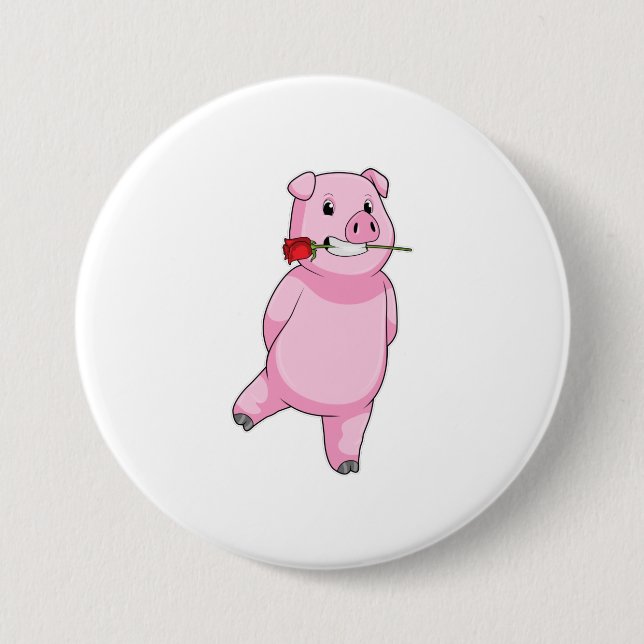 Pig with Rose Flower 7.5 Cm Round Badge (Front)