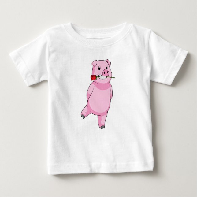 Pig with Rose Flower Baby T-Shirt (Front)
