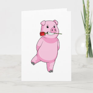 Pig with Rose Flower Card
