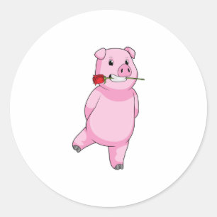 Pig with Rose Flower Classic Round Sticker