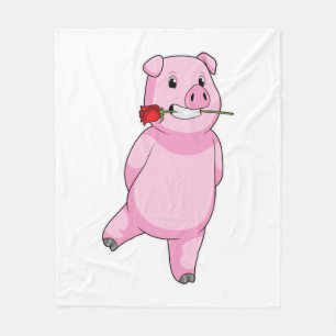 Pig with Rose Flower Fleece Blanket