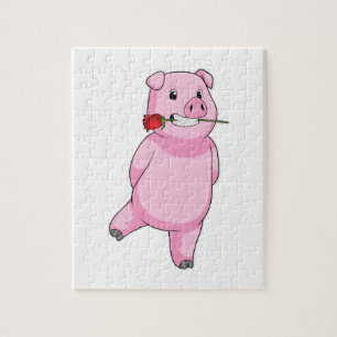 Pig with Rose Flower Jigsaw Puzzle