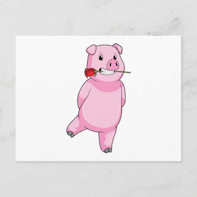 Pig with Rose Flower Postcard (Front)