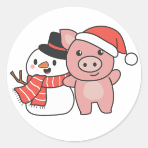 Pig With Snowman In Winter For Christmas Classic R Classic Round Sticker