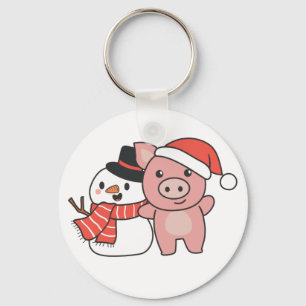 Pig With Snowman In Winter For Christmas Keychain