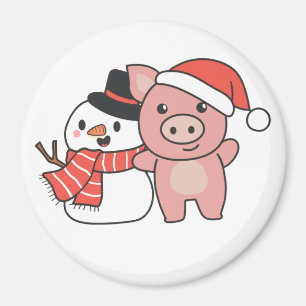 Pig With Snowman In Winter For Christmas Magnet