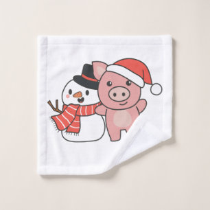 Pig With Snowman In Winter For Christmas Wash Cloth