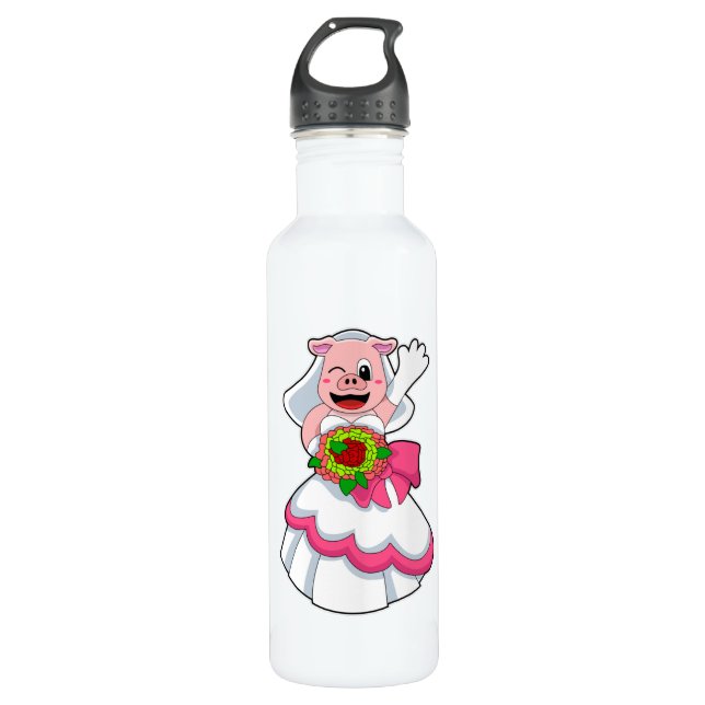 Pig with Wedding dress & Bunch of Flowers 710 Ml Water Bottle (Front)
