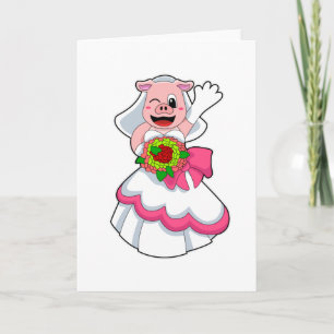 Pig with Wedding dress & Bunch of Flowers Card