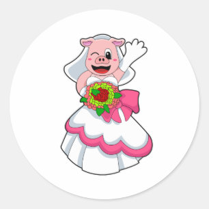 Pig with Wedding dress & Bunch of Flowers Classic Round Sticker