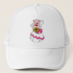 Pig with Wedding dress & Bunch of Flowers Trucker Hat