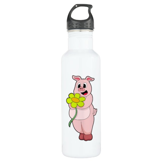 Pig with yellow Flower 710 Ml Water Bottle (Front)