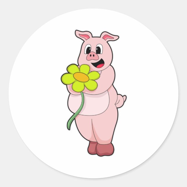Pig with yellow Flower Classic Round Sticker (Front)