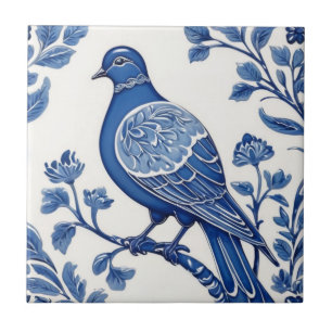 Pigeon Bird Delft Blue and White Floral Dove Ceramic Tile