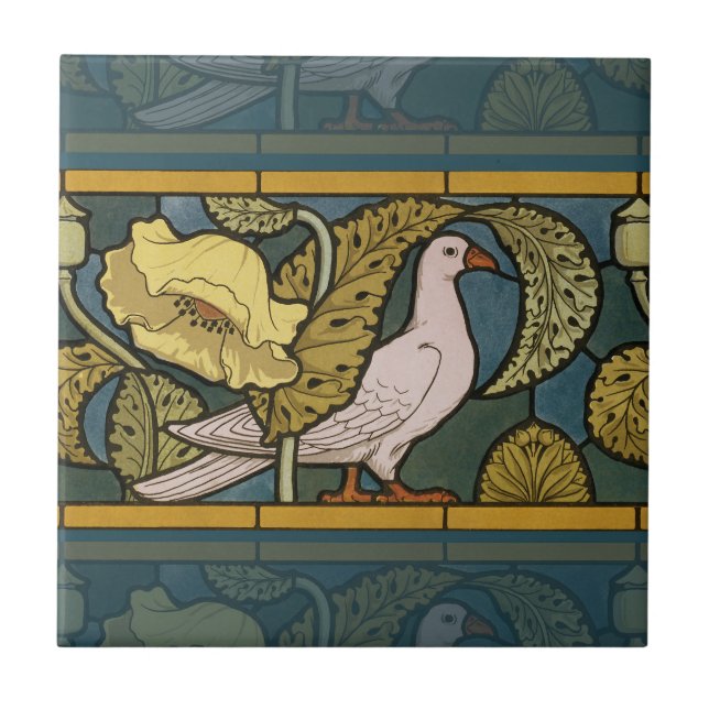 Pigeon Blue Yellow Fish Art Nouveau Ceramic Tile (Front)