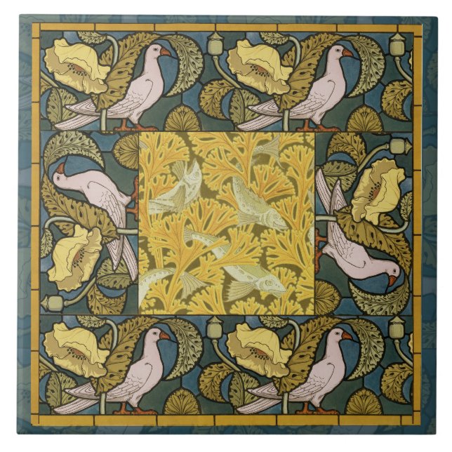 Pigeon Blue Yellow Fish Art Nouveau Ceramic Tile (Front)