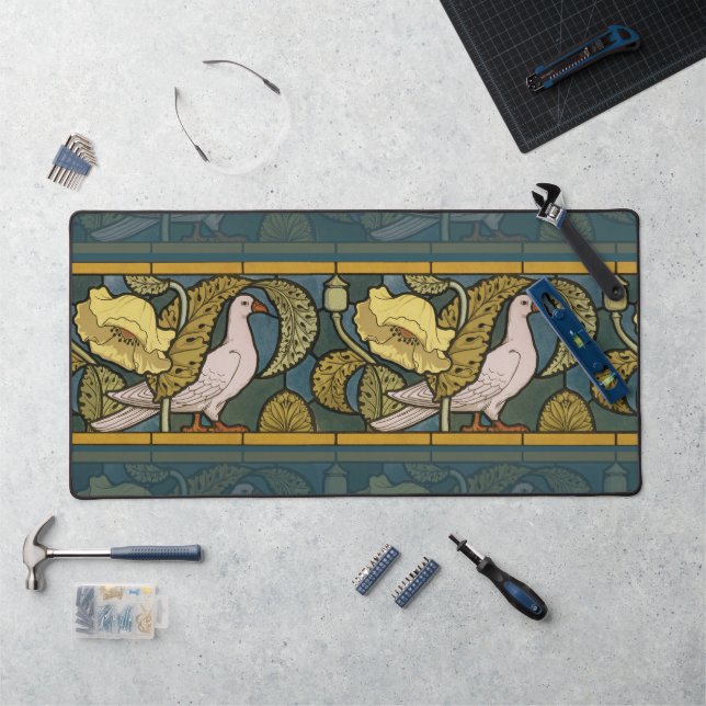 Pigeon Blue Yellow Fish Art Nouveau Desk Mat (Workstation)