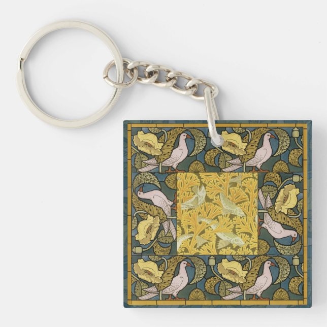Pigeon Blue Yellow Fish Art Nouveau Key Ring (Front)