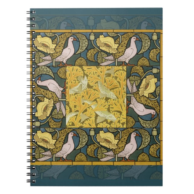 Pigeon Blue Yellow Fish Art Nouveau Notebook (Front)